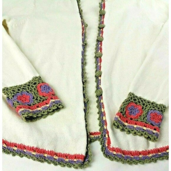 Christopher Banks Knit Cardigan Sweater Sz Small Crochet Trim Sleeve Off White - Picture 2 of 8